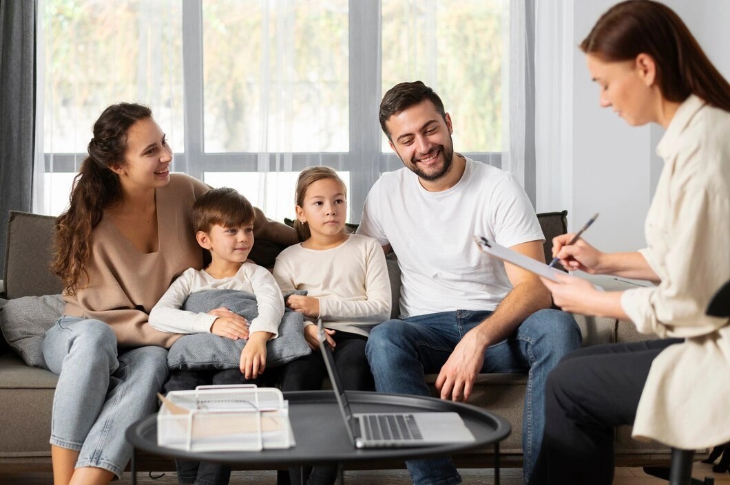 A family together in a supportive counselling session
